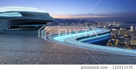 3d Rendering Futuristic Rooftop Terrace and City View 3d Rendering Futuristic Rooftop Terrace and City View 132811570