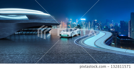3d Rendering Futuristic EV Car on Rooftop Terrace 3d Rendering Futuristic EV Car on Rooftop Terrace 132811571
