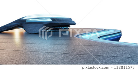 3d rendering futuristic corporate building with curved LED terrace and blue neon architecture 132811573