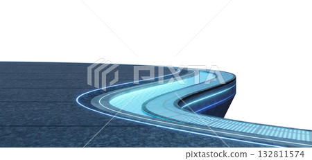 3d rendering futuristic curved rooftop terrace with blue LED lights and water Stream 3d rendering futuristic curved rooftop terrace with blue LED lights and water Stream 132811574
