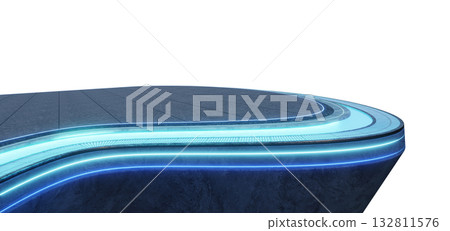 3d rendering futuristic curved rooftop terrace with blue LED lights and water Stream 132811576