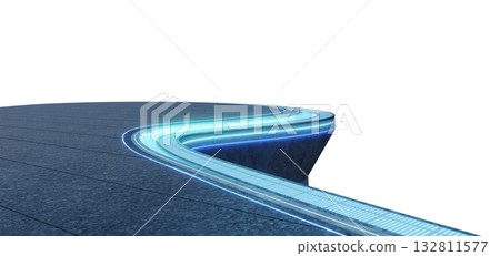 3d rendering futuristic curved rooftop terrace with blue LED lights and water Stream 132811577