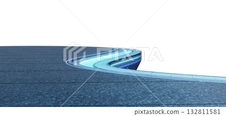 3d rendering futuristic curved rooftop terrace with blue LED lights and water Stream 132811581