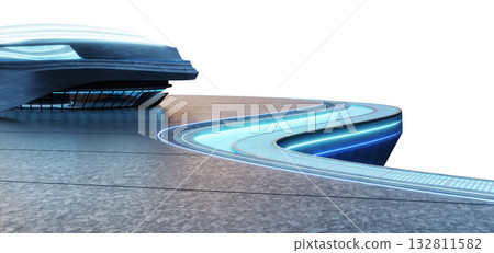3d rendering futuristic corporate building with curved LED terrace and blue neon architecture 3d rendering futuristic corporate building with curved LED terrace and blue neon architecture 132811582