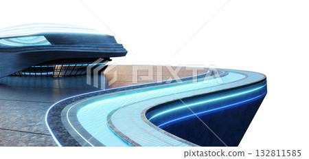 3d rendering futuristic corporate building with curved LED terrace and blue neon architecture 132811585