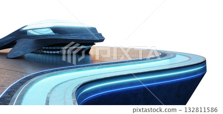 3d rendering futuristic corporate building with curved LED terrace and blue neon architecture 132811586