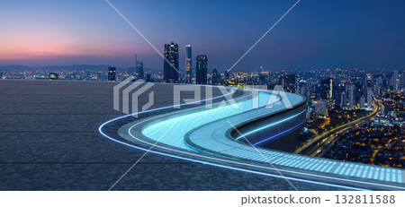 3d rendering futuristic rooftop pool overlooking modern cityscape at night 132811588