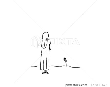 女子背對著鏡頭凝視一朵花的線條畫 132811628