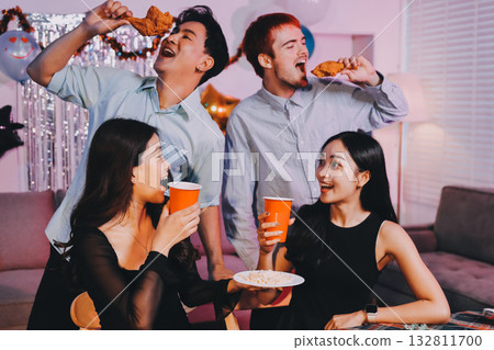 Diversity, dinner and group of people toast celebration together at party. Friends, happy and celebrate with food, wine and friendship for love, support and cheers champagne at business function Diversity, dinner and group of people toast celebration together at party. Friends, happy and celebrate with food, wine and friendship for love, support and cheers champagne at business function 132811700