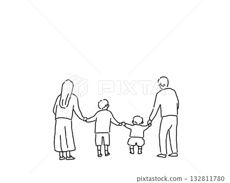 Back view of a family holding hands, line drawing 132811780
