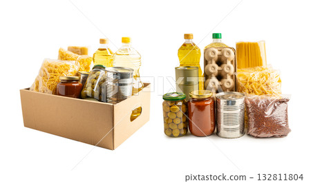 Foodstuffs in donation box isolated on white background. 132811804