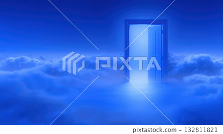 A door stands open in a vibrant blue sky, surrounded by billowing clouds. The soft glow from the door suggests a serene and mysterious atmosphere, inviting exploration. 132811821