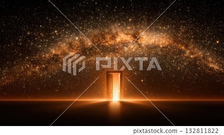 A luminous door stands open in the vastness of space, revealing a stunning galaxy filled with stars and cosmic dust. The scene conveys a sense of wonder and infinity at night. A luminous door stands open in the vastness of space, revealing a stunning galaxy filled with stars and cosmic dust. The scene conveys a sense of wonder and infinity at night. 132811822