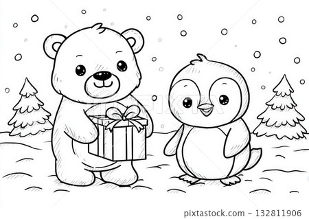 A bear holds a wrapped gift while standing next to a cheerful penguin in a snowy scene. They are surrounded by tall trees and falling snowflakes, creating a festive atmosphere. A bear holds a wrapped gift while standing next to a cheerful penguin in a snowy scene. They are surrounded by tall trees and falling snowflakes, creating a festive atmosphere. 132811906