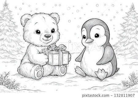 A happy bear holds a colorful gift while sitting next to a curious penguin. They are surrounded by snow-covered trees and falling snowflakes, creating a joyful winter atmosphere. 132811907