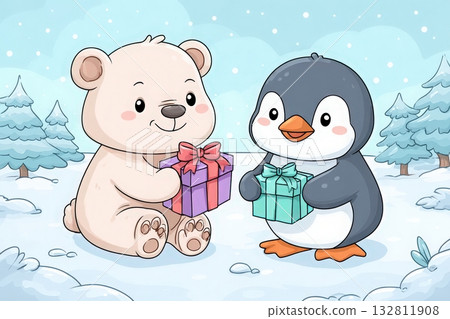 In a charming winter scene, a small bear and a penguin sit on the snowy ground, each holding a colorful gift. Pine trees surround them under a gentle snowfall, creating a festive atmosphere. 132811908