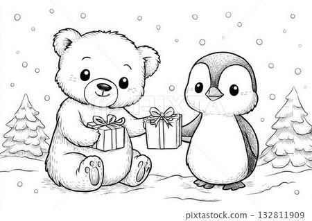 A bear and a penguin stand together in a snowy scene. The bear holds a gift while the penguin presents another. Snowflakes fall gently around them, creating a festive atmosphere. A bear and a penguin stand together in a snowy scene. The bear holds a gift while the penguin presents another. Snowflakes fall gently around them, creating a festive atmosphere. 132811909