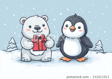 A joyful polar bear holds a red gift with a bow, standing next to a cheerful penguin in a snowy landscape. Scattered evergreens and lightly falling snow enhance the winter scene. A joyful polar bear holds a red gift with a bow, standing next to a cheerful penguin in a snowy landscape. Scattered evergreens and lightly falling snow enhance the winter scene. 132811911