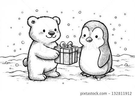 A bear is handing a beautifully wrapped present to a penguin in a snowy landscape. Snowflakes gently fall around them, creating a cozy winter atmosphere filled with joy and friendship. A bear is handing a beautifully wrapped present to a penguin in a snowy landscape. Snowflakes gently fall around them, creating a cozy winter atmosphere filled with joy and friendship. 132811912