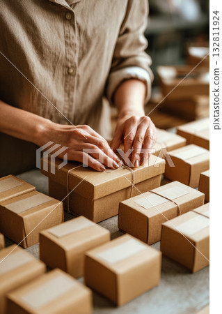 Hands tying twine and labeling multiple cardboard boxes Hands tying twine and labeling multiple cardboard boxes 132811924