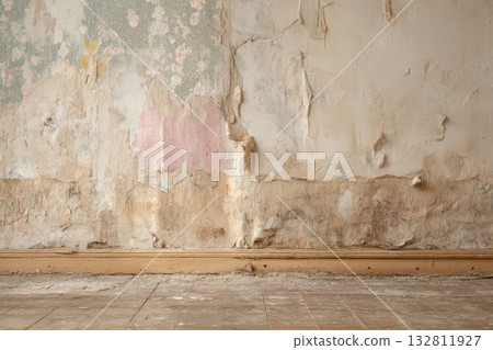 Aged wall with torn floral wallpaper and cracked plaster 132811927