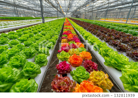 Rows of leafy vegetables growing with a hydroponic system Rows of leafy vegetables growing with a hydroponic system 132811939