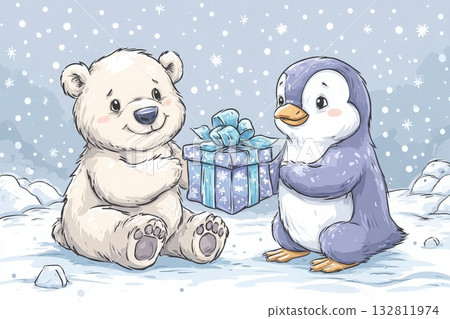 A cheerful polar bear sits with a big smile, receiving a beautifully wrapped gift from a friendly penguin. Snowflakes fall gently in a white, wintry scene, creating a festive atmosphere. 132811974