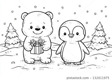 Two adorable characters stand in a snowy forest. A bear holds a wrapped gift while a penguin looks on happily. Snowflakes fall gently around them, creating a festive atmosphere. 132811975