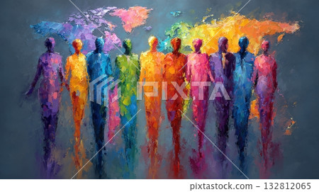 A group of colorful, abstract figures stands together against a vibrant world map. 132812065