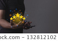 Happy Customer, Young Man with smartphone hand touching five star to review and give 5 stars 132812102