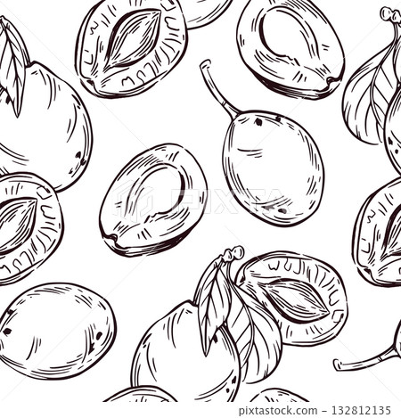 Seamless vector pattern of plums, half plums and prunes. All objects are hand-drawn in ink and converted into vector. The pattern is suitable for kitchen textile design, printing on paper and fabric.  132812135