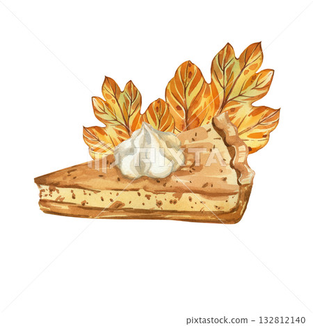 Pumpkin pie with whipped cream and yellow autumn leaves. All objects are hand-painted in watercolor. Watercolor Composition for Printing on Food Packaging, Cards. High quality illustration. Pumpkin pie with whipped cream and yellow autumn leaves. All objects are hand-painted in watercolor. Watercolor Composition for Printing on Food Packaging, Cards. High quality illustration. 132812140