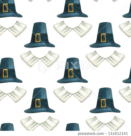 Seamless Thanksgiving watercolor pattern from pilgrim hat and collar. All objects are hand-painted in watercolor. Illustration suitable for wrapping paper, postcard and holiday packaging design. 132812141