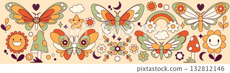 Groovy retro butterfly and flower collection 132812146