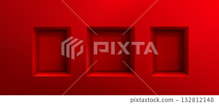 Red 3d niche shelf boxes with empty square frame 132812148