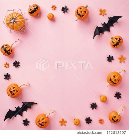 Halloween decorations on pastel pink background with empty space. Halloween decorations on pastel pink background with empty space. 132812207