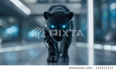 Futuristic robotic panther with glowing blue eyes, cybernetic animal walking in high-tech environment 132812222