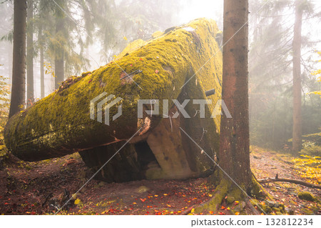 An overturned bunker rests in the Orlicke Mountains, covered in moss and surrounded by colorful autumn foliage. Fog creates a mysterious atmosphere in this tranquil scene. An overturned bunker rests in the Orlicke Mountains, covered in moss and surrounded by colorful autumn foliage. Fog creates a mysterious atmosphere in this tranquil scene. 132812234