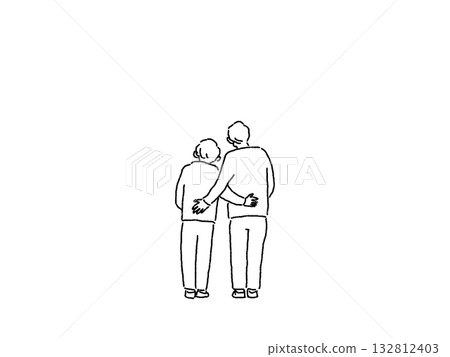 Elderly man and woman standing together, back view, line drawing 132812403
