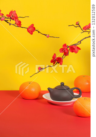 Vibrant Tea Set with Oranges and Blossoms for New Year Vibrant Tea Set with Oranges and Blossoms for New Year 132812589