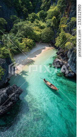Turquoise water tropical beach longtail boat limestone cliffs palm tree secluded cove Turquoise water tropical beach longtail boat limestone cliffs palm tree secluded cove 132812980
