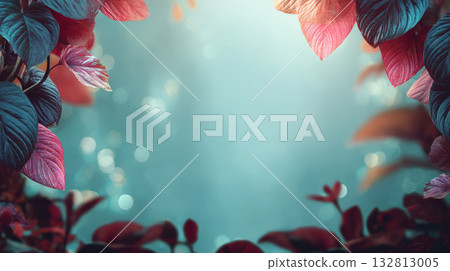 Vibrant teal background with red and teal tropical leaves, soft bokeh light, dreamy atmosphere, gentle sunlight 132813005