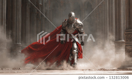 Armored knight walking through cathedral with red cape, dust and dramatic lighting, cinematic heroic mood 132813006
