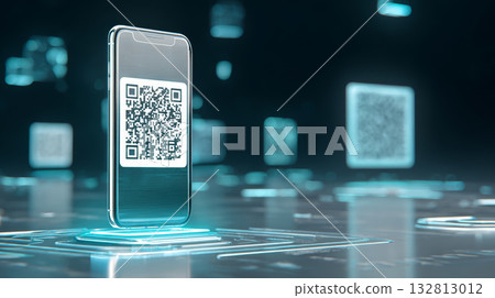 Modern smartphone displaying QR code on illuminated platform with holographic codes floating in futuristic digital space 132813012