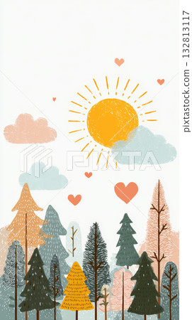 Sun sunburst cloud heart forest tree pine tree woodland nature landscape orange blue green 132813117