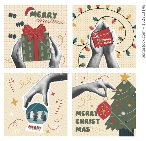 Christmas post cards set with Xmas and New Year holiday ornaments. Festive winter postcards, square Christmas post cards set with Xmas and New Year holiday ornaments. Festive winter postcards, square 132813148