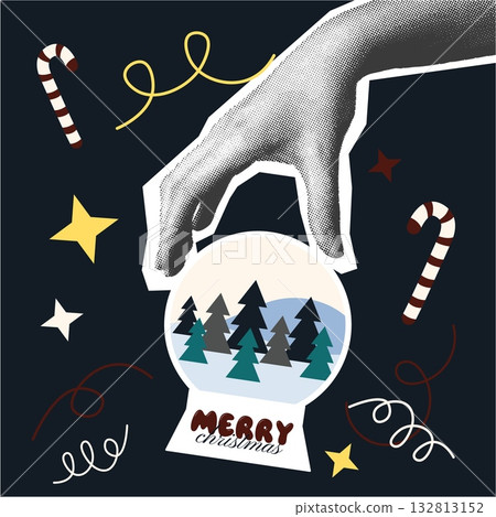 card with retro seasonal design. Abstract holiday illustration of halftone hand holding snow globe card with retro seasonal design. Abstract holiday illustration of halftone hand holding snow globe 132813152