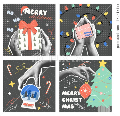 Christmas and New Year post cards set with Xmas holiday ornaments. Festive winter postcards, square Christmas and New Year post cards set with Xmas holiday ornaments. Festive winter postcards, square 132813153