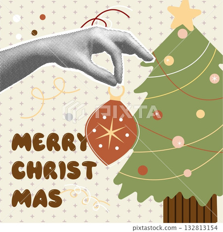 Christmas card design. Abstract winter illustration of halftone hand, ornament, green tree, star and Christmas card design. Abstract winter illustration of halftone hand, ornament, green tree, star and 132813154