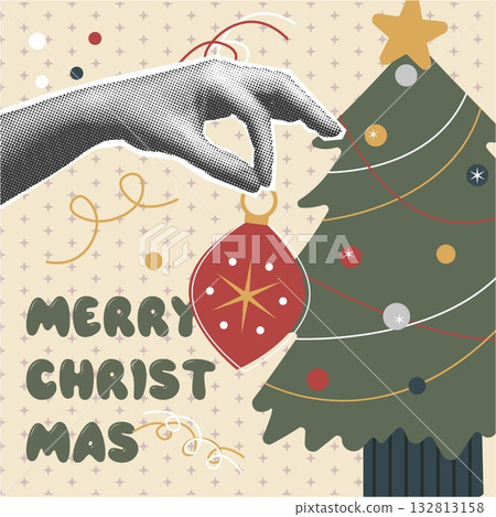 Christmas card in traditional seasonal abstract holiday style. Modern decor with square shape design Christmas card in traditional seasonal abstract holiday style. Modern decor with square shape design 132813158